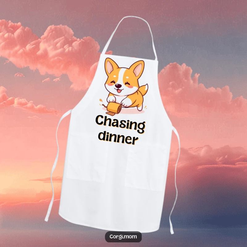 Funny Kawaii Corgi apron, stubby legs hilariously chasing a rolling treat while cooking, adding humor to kitchen duties.