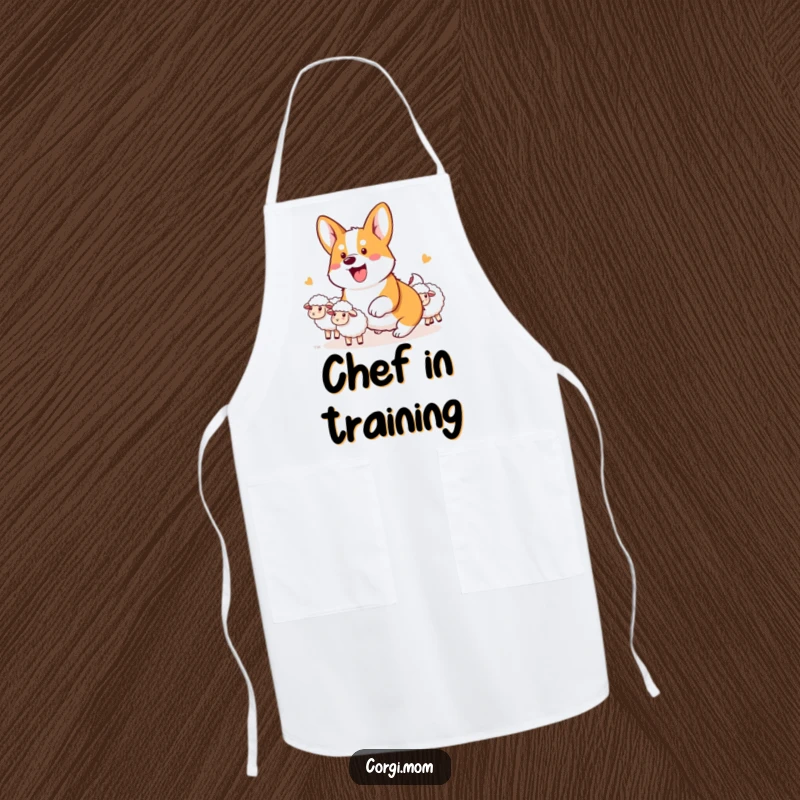 Funny Kawaii Corgi Apron design of a determined corgi energetically herding imaginary sheep, perfect for the kitchen.