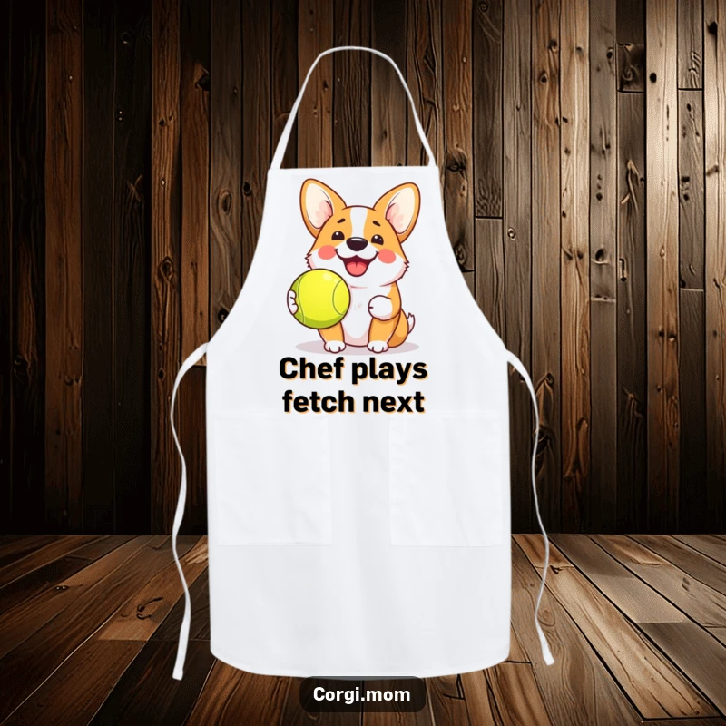 Funny Kawaii Corgi Apron depicting a dog with a cheerful grin and tennis ball, adding humor and style to kitchen activities.