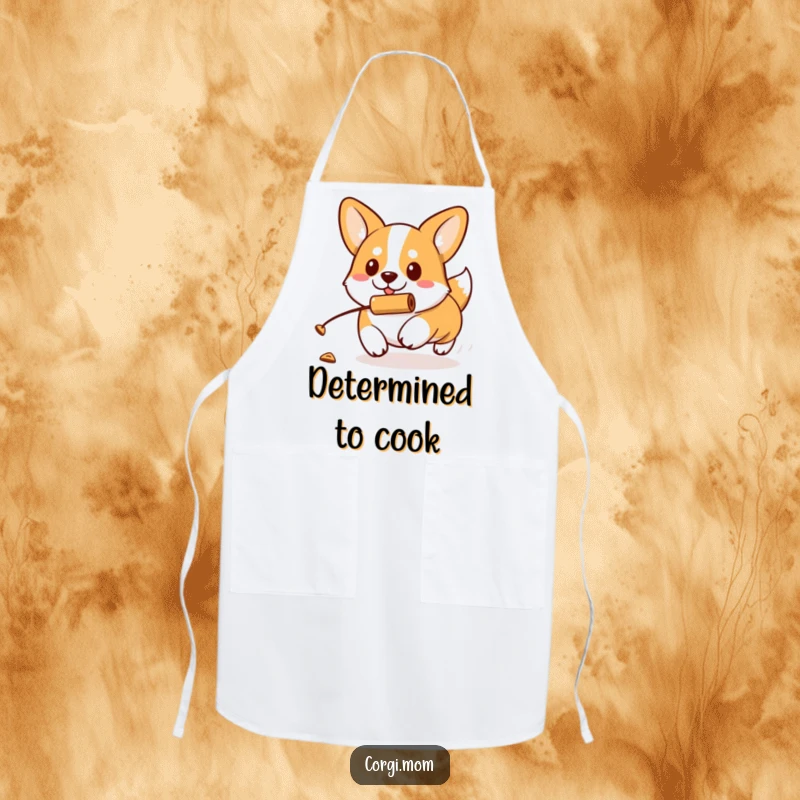 Funny kawaii Corgi with a determined expression chases a rolling treat on this practical and amusing kitchen apron.