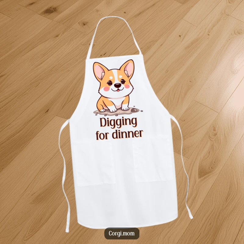 Funny Apron featuring a determined Kawaii Corgi humorously digging, ready to add grit and humor to culinary tasks.