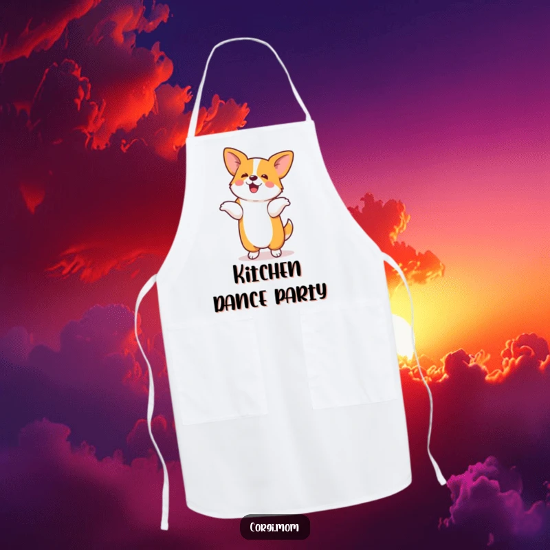Funny apron showcasing a kawaii corgi performing a silly dance on its hind legs, ready to add fun to cooking.