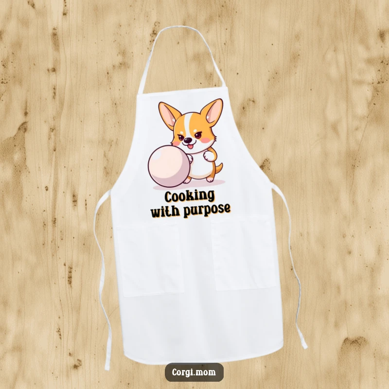 Funny apron featuring a determined Corgi pushing a large bouncy ball, perfect for adding focus and humor to cooking.