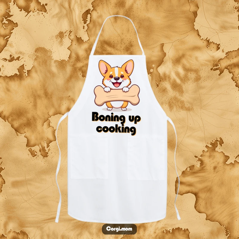 Funny Corgi apron with a happy dog peeking from behind a bone. Ideal for kitchen humor and a funny gift.
