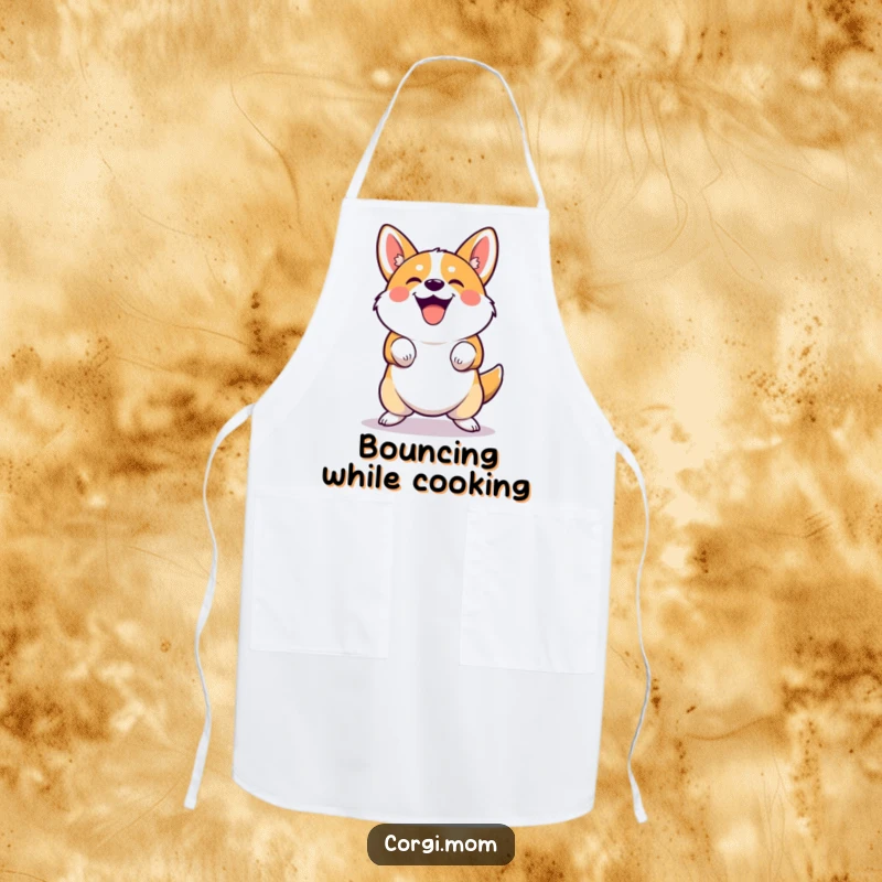 Funny cute Corgi apron performing a joyful, squatting bounce. Ideal for kitchen humor and a funny gift.