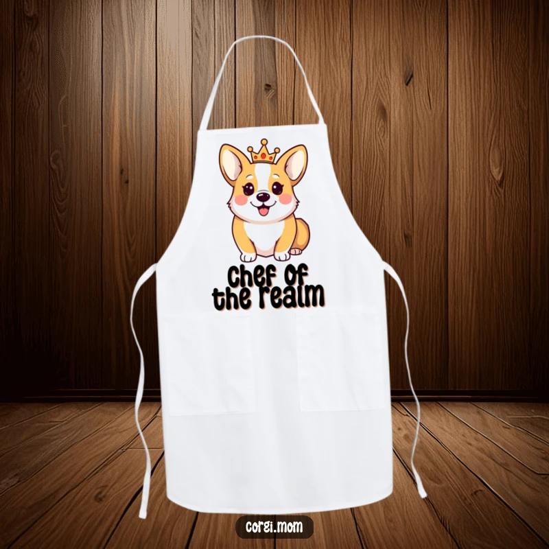 Funny Happy Corgi Apron depicting a cute Corgi dog wearing a tiny crown, ready for royal cooking duties.