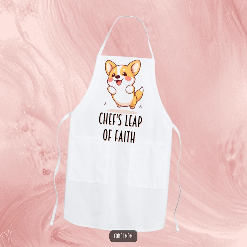 Funny Kawaii Corgi Apron depicting a cute Corgi dog enthusiastically attempting a playful jump, perfect for humorous and practical kitchen wear.