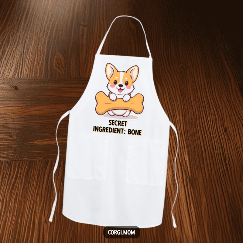 Funny Kawaii Corgi Apron depicting a cute Corgi dog peeking from behind a large bone, perfect for humorous kitchen protection.