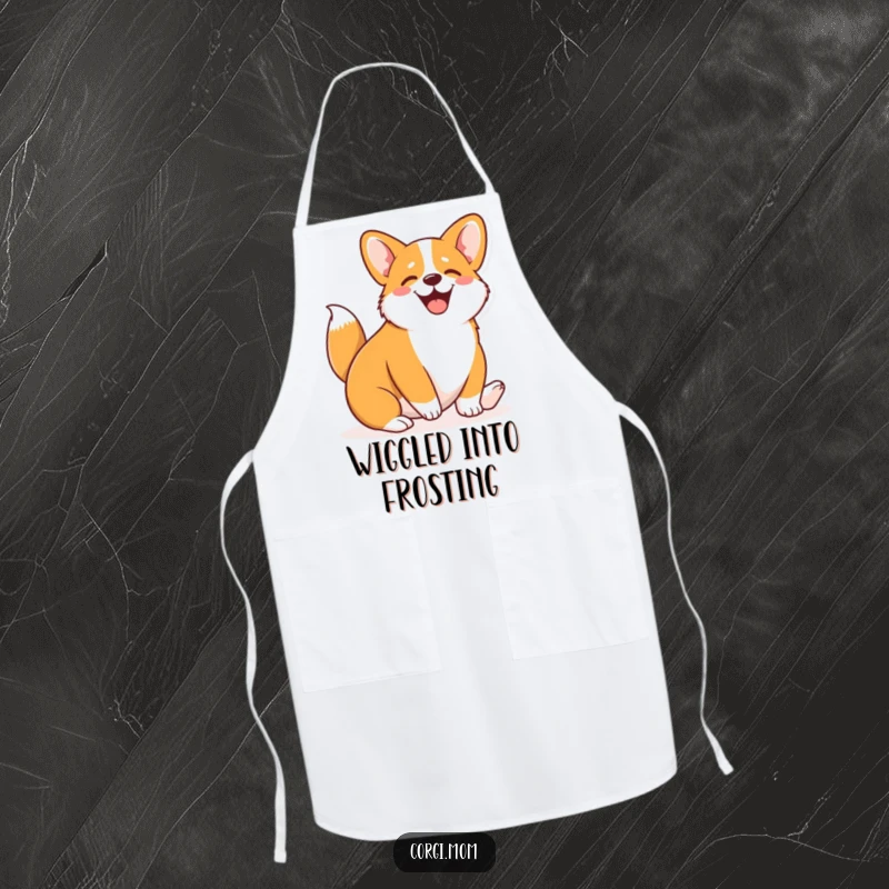 Funny Kawaii Corgi apron showing a cute Corgi wiggling its entire body with pure joy, ideal for kitchen humor.