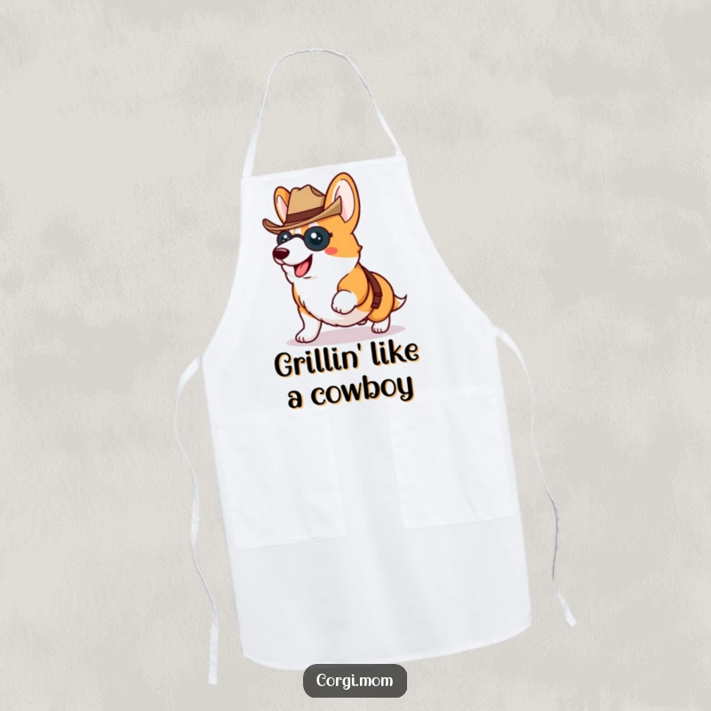 Funny Kawaii Corgi proudly trotting wearing a tiny cowboy hat, a humorous and functional kitchen apron.
