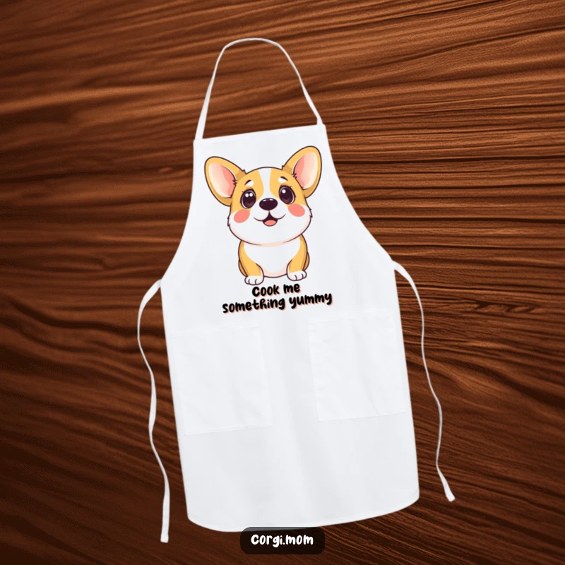 Funny kawaii corgi with large, eager eyes looking up, adorning a functional and humorous kitchen apron.
