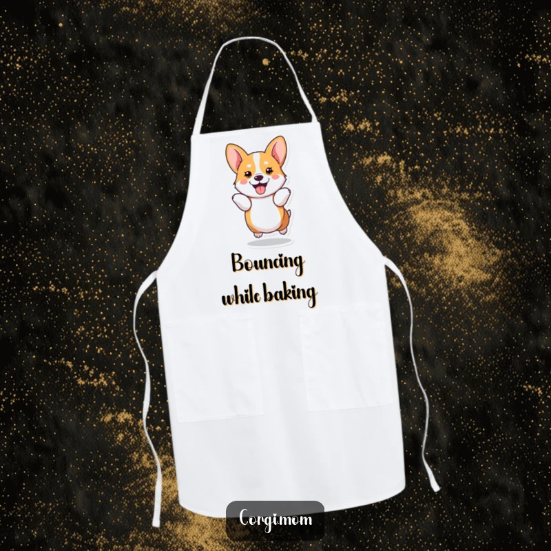 Funny kawaii Corgi performs a joyful hop using its short legs on this practical and amusing kitchen apron.