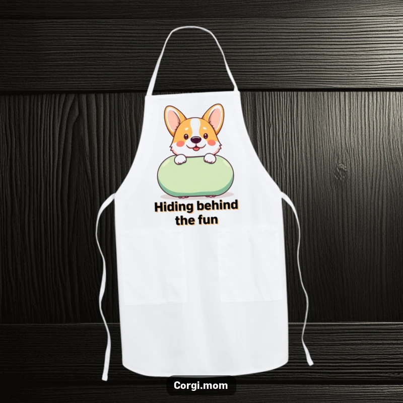 Funny kawaii Corgi peeks cheekily from behind a giant squeaky toy on this practical and amusing kitchen apron.