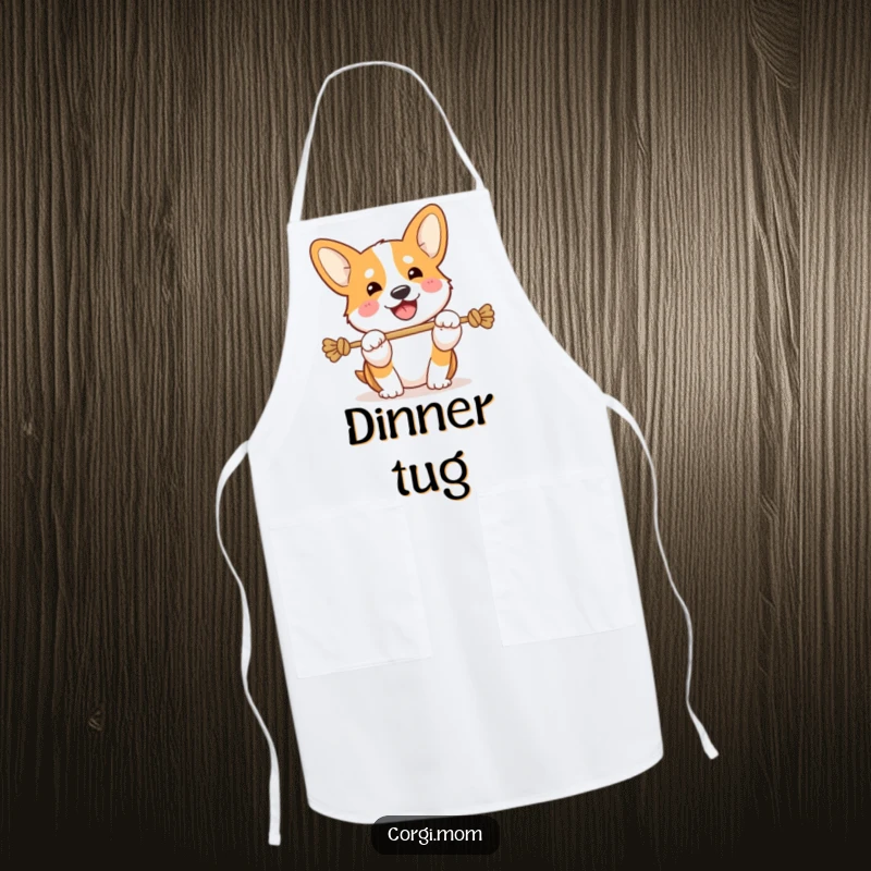 Funny Kawaii Corgi apron, playing tug-of-war with a happy snort, humorous and practical for cooking.