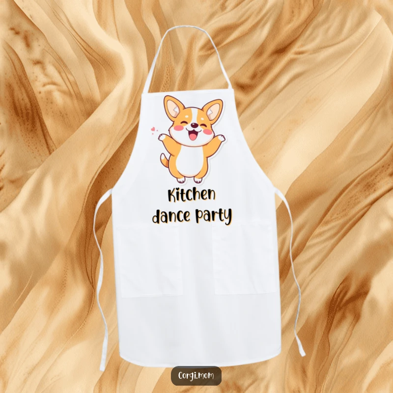 Funny Kawaii Corgi with perky ears doing a joyful wiggle dance, a humorous and functional kitchen apron.