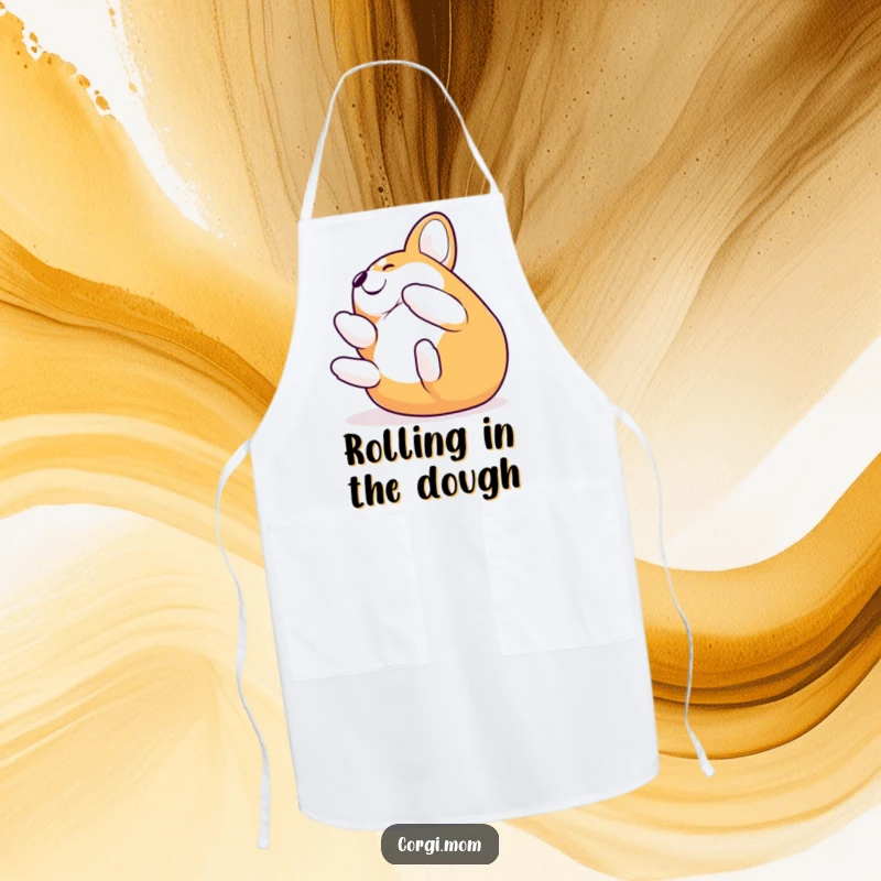 Funny Corgi rolling with joy on a kitchen apron, adding humor and personality to cooking tasks.