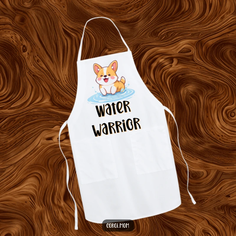 Funny Kawaii Corgi Apron: a cheerful corgi character depicted splashing in a puddle, designed for a fun and functional kitchen experience.