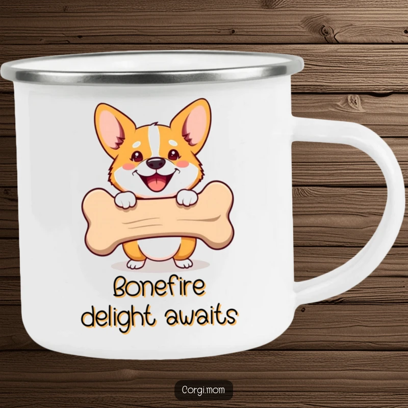 Funny Corgi camping mug with a happy dog peeking from behind a bone. Ideal for outdoor humor and a funny gift.