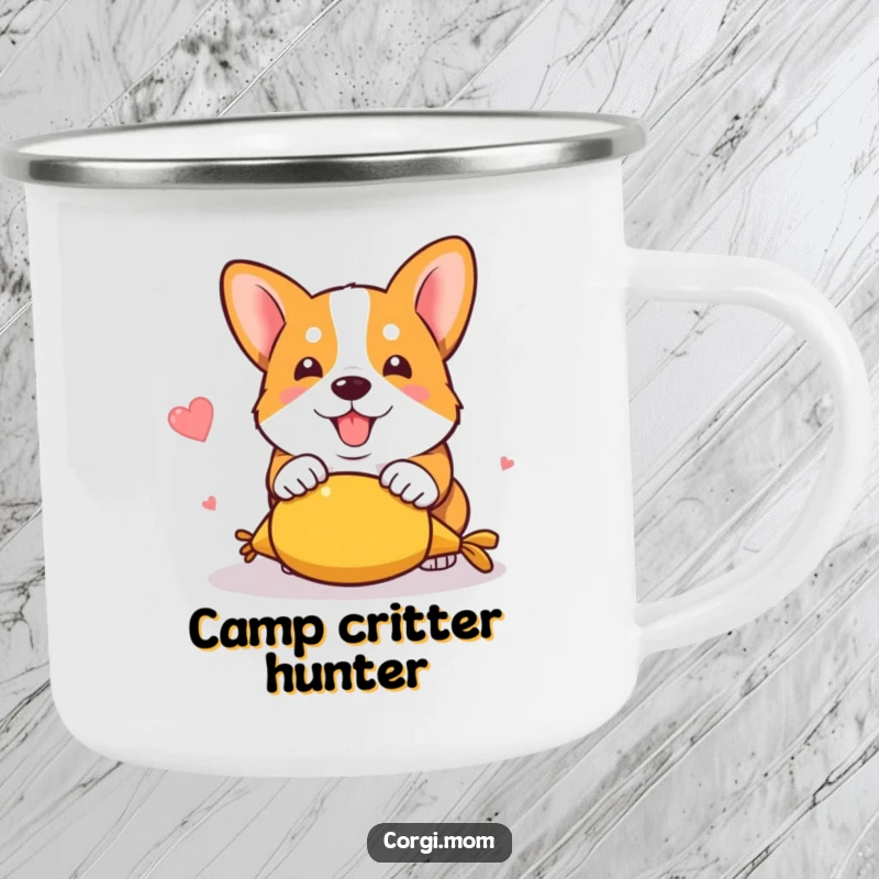 Funny kawaii corgi in a hilarious pouncing pose on a squeaky toy, printed on a durable camping mug.