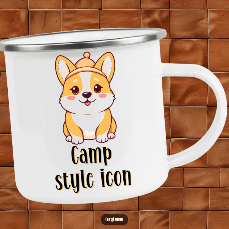 Funny Kawaii Corgi camping mug, comical expression, hat tilted askew, durable and humorous for outdoor enjoyment.
