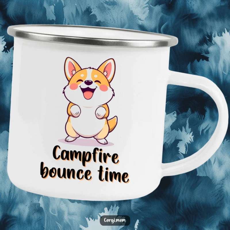 Funny cute Corgi camping mug performing a joyful, squatting bounce. Ideal for outdoor humor and a funny gift.