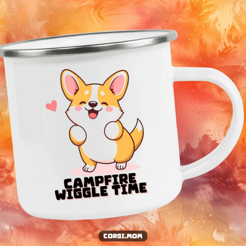 Funny Kawaii Corgi Camping Mug depicting a cute Corgi dog doing a silly wiggle dance, adding humorous outdoor charm.