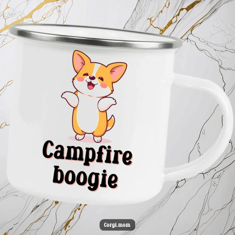 Funny camping mug featuring a kawaii corgi doing a silly dance on its hind legs, perfect for campers who love to move.