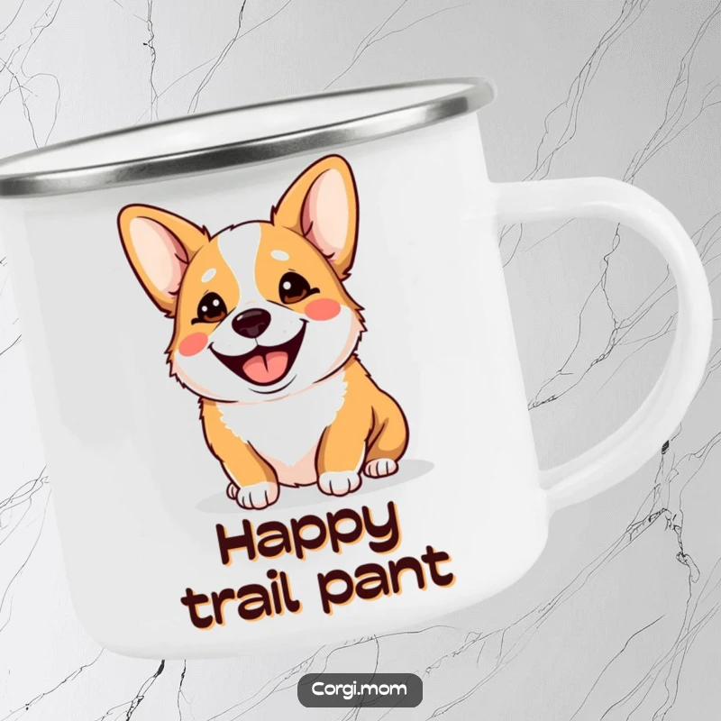 Funny Goofy Corgi Camping Mug, featuring a corgi panting with a goofy smile, perfect for hot drinks during camping trips, very durable.