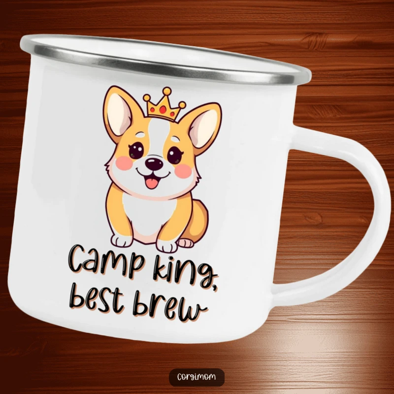Funny Happy Corgi Camping Mug depicting a cute Corgi dog wearing a tiny crown, ready for royal outdoor adventures.