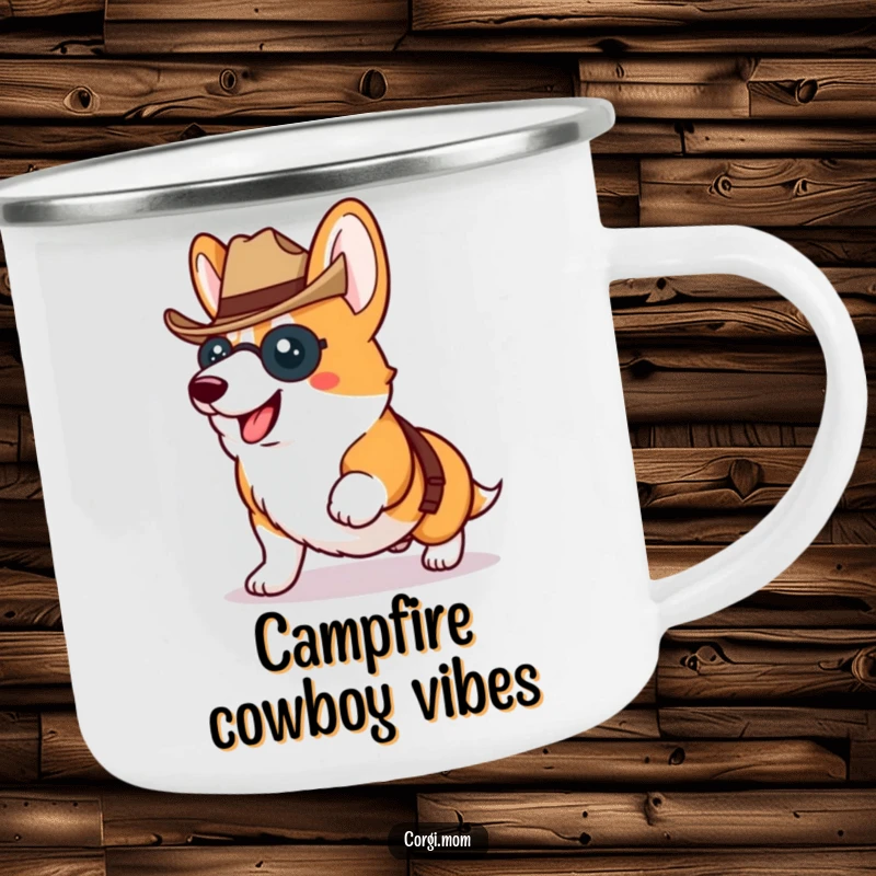 Funny Kawaii Corgi proudly trotting wearing a tiny cowboy hat, a sturdy and humorous camping mug.