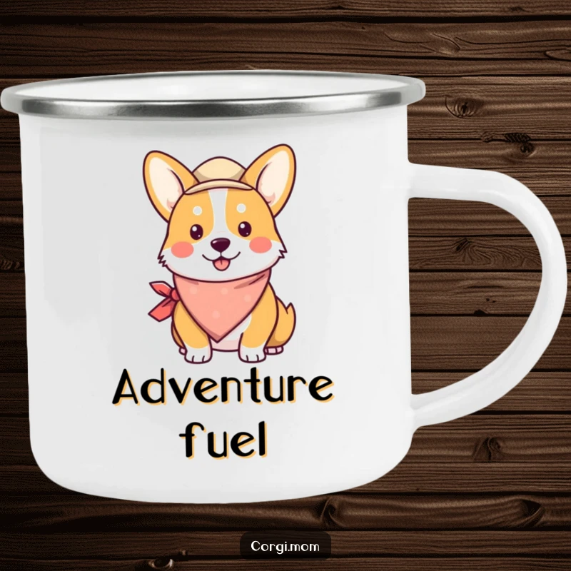 Funny Kawaii Corgi Camping Mug showing a cute corgi wearing a bandana and a jaunty hat, ready for the wilderness.