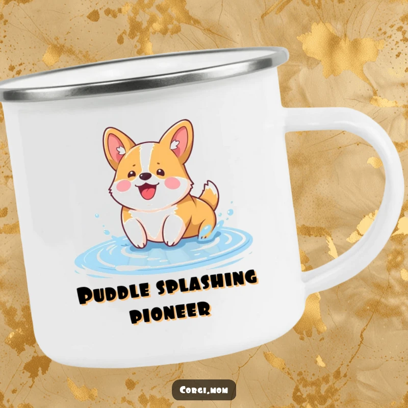 Funny Kawaii Corgi Camping Mug: a cute corgi character joyfully splashing in a puddle, perfect for outdoor enthusiasts and dog lovers.