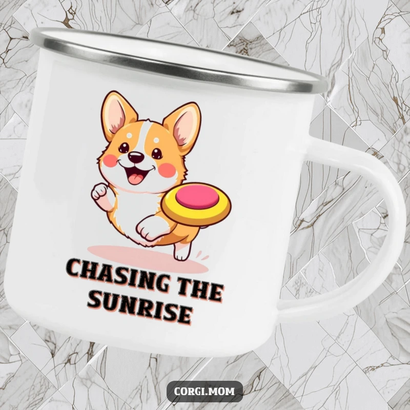 Funny Kawaii Corgi Camping Mug: A durable mug featuring a cute Corgi chasing a frisbee, great for outdoors.