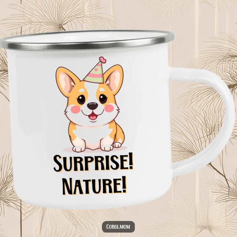 Funny Kawaii Corgi Camping Mug: A durable mug showing a surprised Corgi in a party hat, great for outdoor sips.