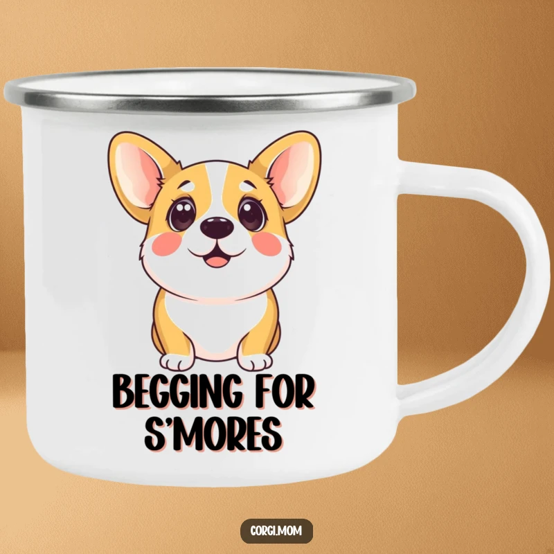 Funny kawaii corgi with large, eager eyes looking up, printed on a durable camping mug for outdoor enjoyment.