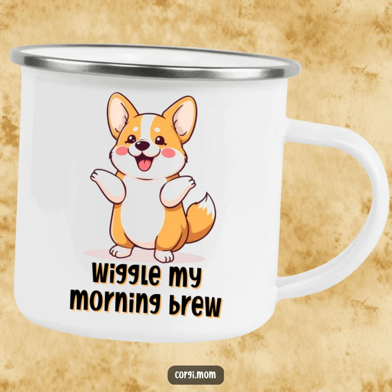 Funny Kawaii Corgi camping mug with a dog doing a comical tail shimmy, adding humor to outdoor adventures and coffee breaks.