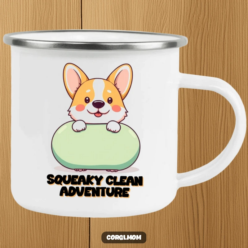Funny kawaii Corgi peeks cheekily from behind a giant squeaky toy on this rugged camping mug, perfect for on-the-go enjoyment.