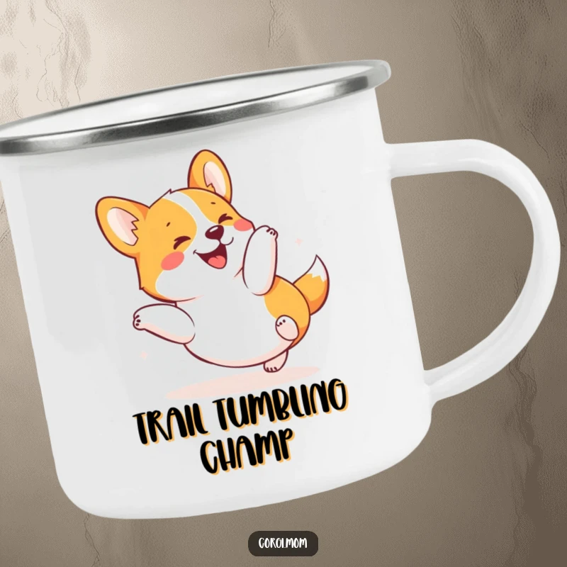 Funny Kawaii Corgi Camping Mug showing a dog in a happy tumble, perfect for outdoor enthusiasts who love humor and joy.