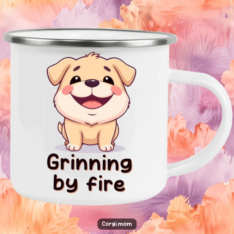 Funny camping mug featuring a squat dog with a wide, happy grin, perfect for outdoor enthusiasts and dog lovers.