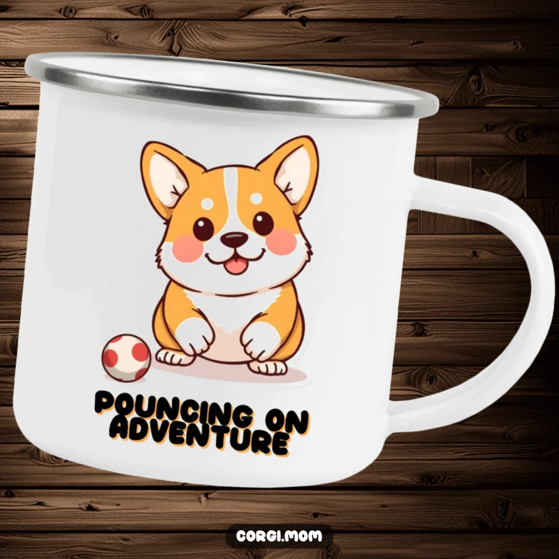 Funny Kawaii Corgi Camping Mug: A durable mug showing a Corgi in a pounce-ready squat, great for outdoor sips.