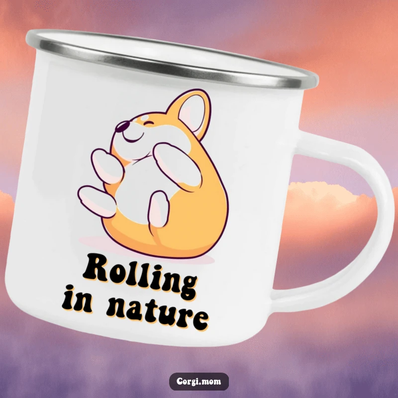 Funny Corgi rolling with ecstatic joy on a rugged camping mug, perfect for outdoor enthusiasts who love humor.