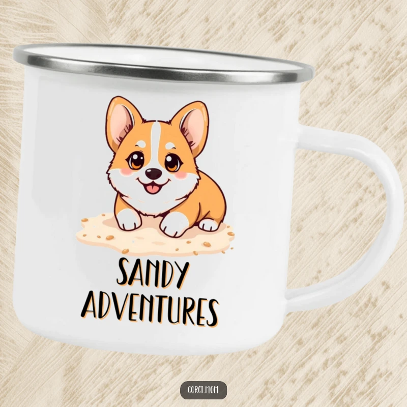 Funny Kawaii Corgi camping mug, bright happy eyes, playfully digging in soft sand, durable and humorous for beach camping.