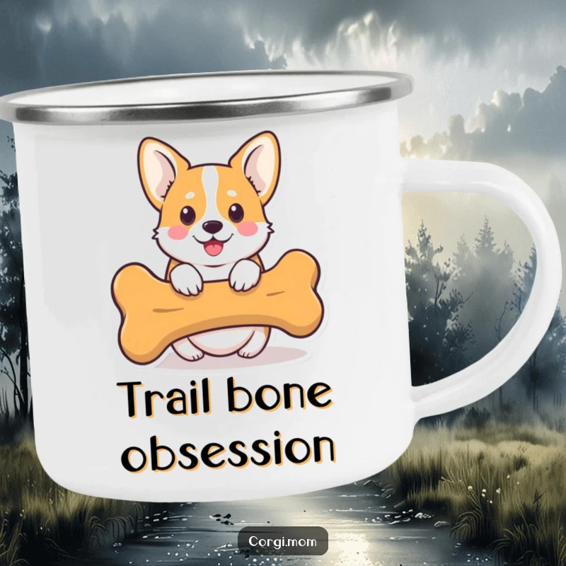 Funny Kawaii Corgi Camping Mug depicting a cute Corgi dog peeking from behind a large bone, adding humorous outdoor charm.