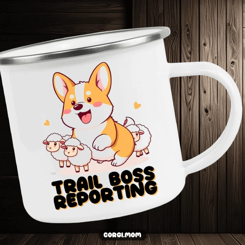 Funny Kawaii Corgi Camping Mug showing an energetic corgi diligently herding a playful flock of imaginary sheep.