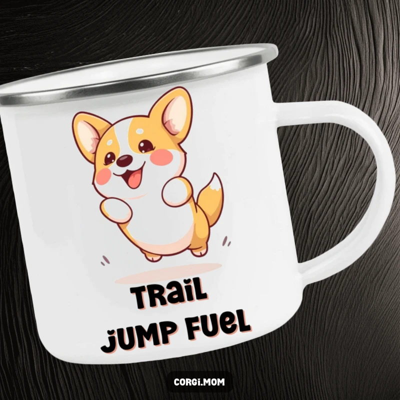 Funny Kawaii Corgi Camping Mug illustrating an adorable Corgi dog enthusiastically attempting a playful jump, great for humorous outdoor adventures.