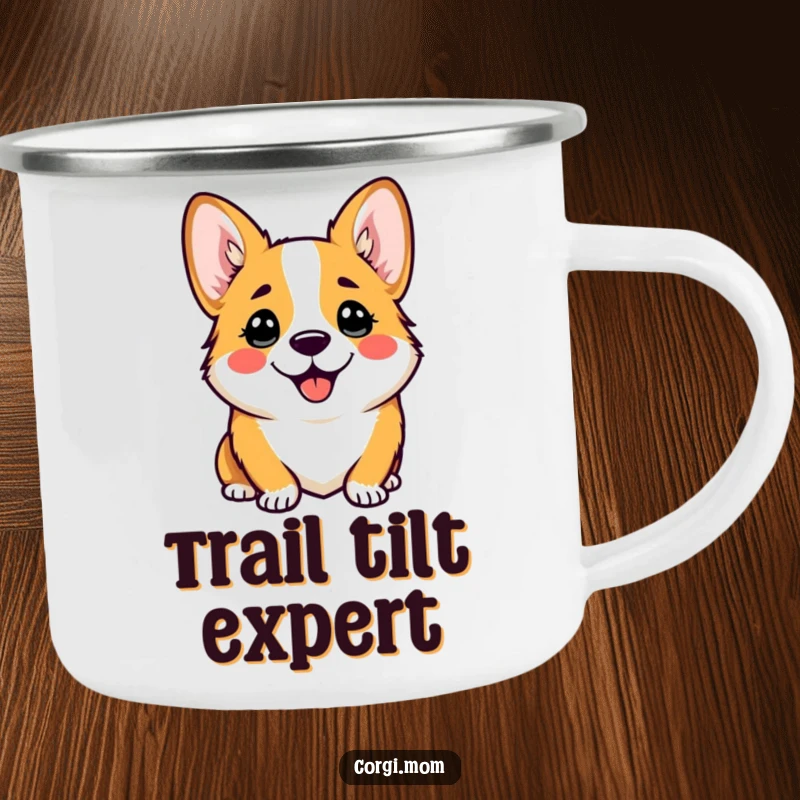 Funny camping mug featuring a kawaii corgi with a comically happy head tilt, perfect for outdoor enthusiasts who love cute dogs.