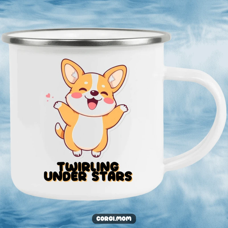 Funny Kawaii Corgi with perky ears doing a joyful wiggle dance, a sturdy and humorous camping mug.