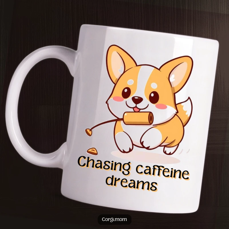 Funny kawaii Corgi with a determined expression actively chases a rolling treat, showcasing focus on this motivational mug.