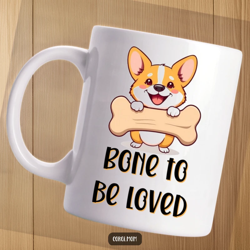 Funny Corgi mug with a happy dog peeking from behind a large, cheerful bone. Ideal for a funny gift and dog lovers.