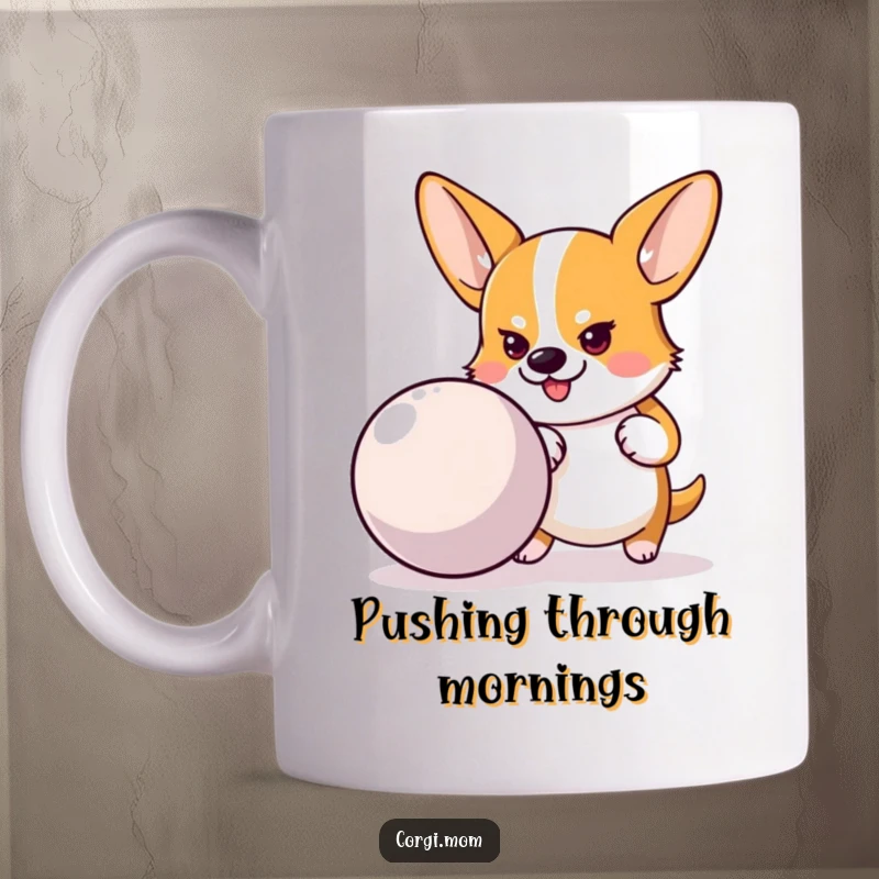 Funny mug featuring a determined Corgi with a focused look, pushing a large, colorful bouncy ball with all its might.